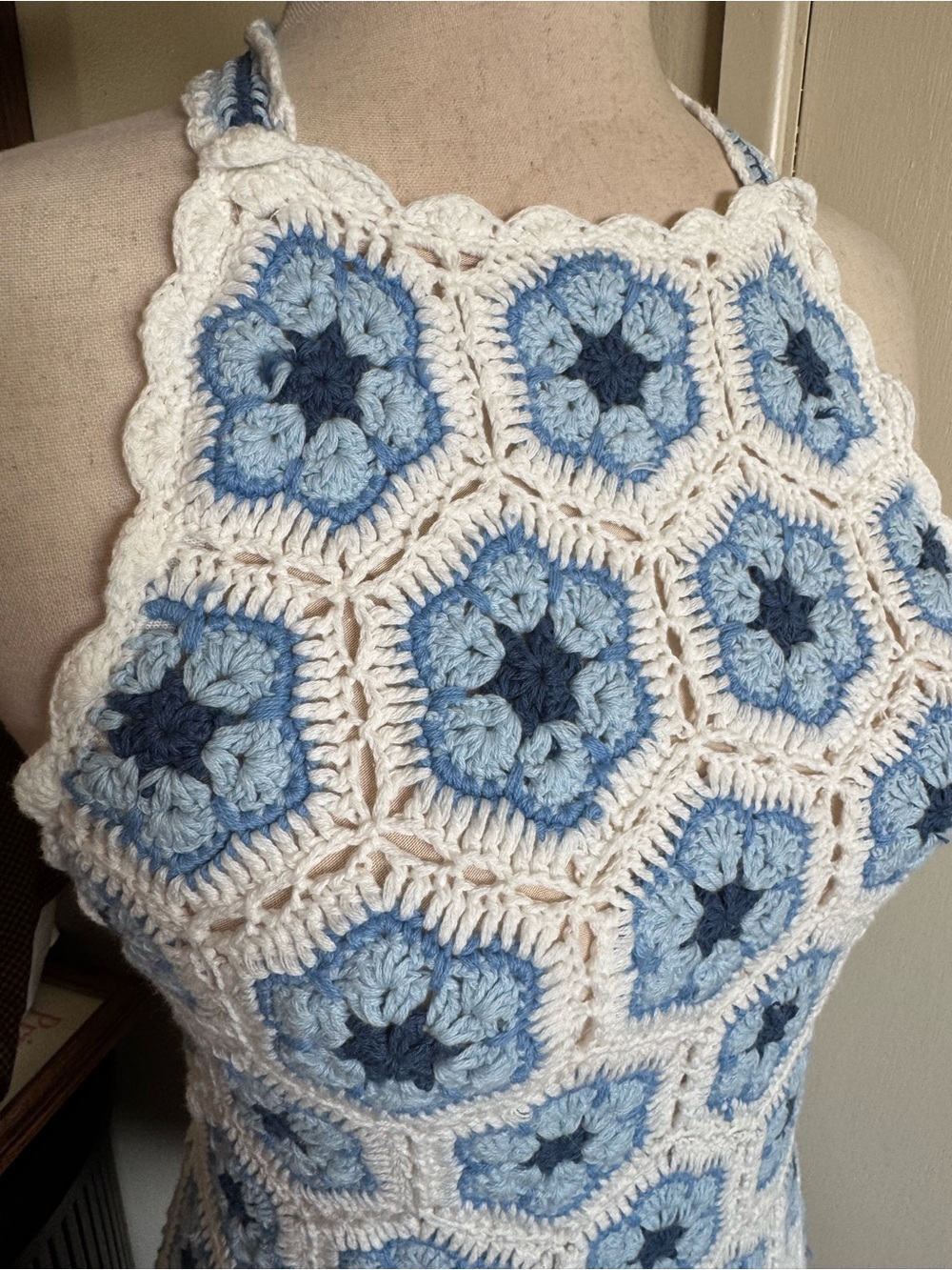 Show Me Your MuMu Happy Halter Blue & White Crochet Halter Mini Dress - Picture 5 of 9